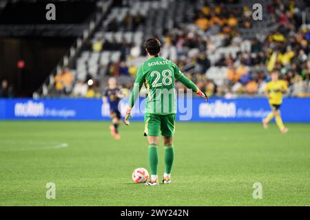 Columbus, Ohio, États-Unis. 2 avril 2024. Patrick Schulte (28), gardien de Columbus Crew, contre Tigres UANL lors de leur match à Columbus, Ohio. Brent Clark/Cal Sport Media/Alamy Live News Banque D'Images