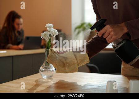 Main de jeune femme méconnaissable tenant bouteille de désinfectant et pulvérisant sur plumeau avant de nettoyer la table après la rénovation du café Banque D'Images