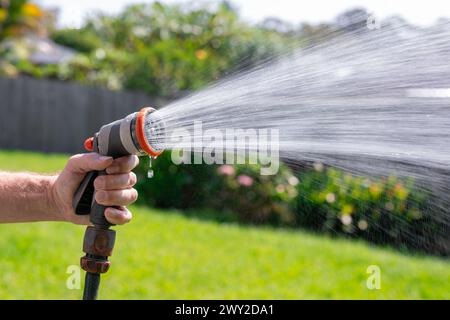 Tuyau d'arrosage avec buse réglable. Main de l'homme tenant pistolet de pulvérisation et arrosant les plantes, pulvérisant de l'eau sur l'herbe dans la cour arrière. Banque D'Images