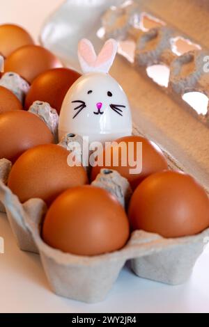 Nature morte d'une douzaine d'oeufs bruns dans un carton avec un oeuf blanc de lapin de Pâques en plastique , 2024, USA Banque D'Images