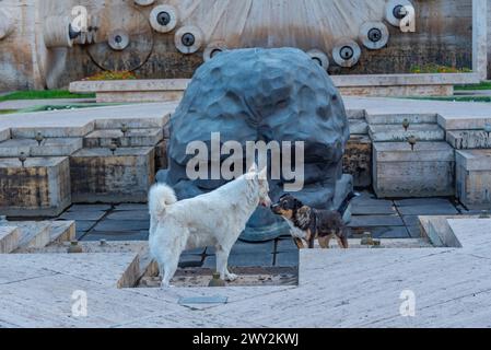 Cascade d'Erevan et sculpture de visiteur vues pendant la matinée en Arménie Banque D'Images