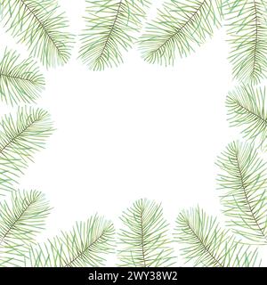 Cadre carré en branches de pin ou de sapin. Illustration avec aquarelles et marqueurs. Décoration botanique pour le nouvel an 2025 et Noël. Dessiné à la main Banque D'Images