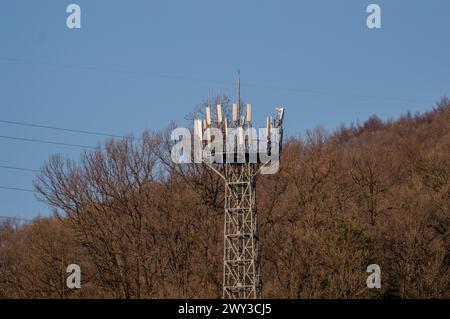 Tour cellulaire industrielle avec antennes s'élevant sur fond de forêt et de ciel clair, en Corée du Sud Banque D'Images