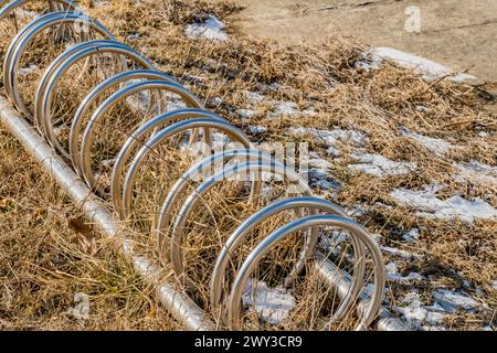 Porte-vélos chromé dans l'herbe sèche le jour froid d'hiver en Corée du Sud Banque D'Images