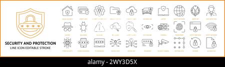 Icônes de protection de sécurité. Icône de protection de sécurité définie. Icônes de ligne de protection de sécurité. Illustration vectorielle. Contour modifiable. Illustration de Vecteur