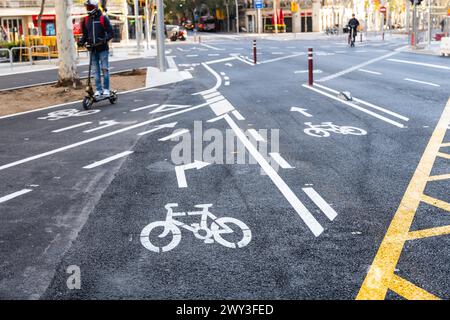 Marquage des voies cyclables et séparation de la circulation automobile à Barcelone, Espagne Banque D'Images