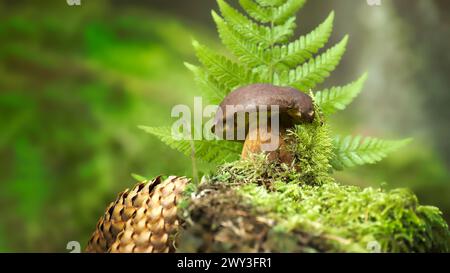 Imleria badia (Boletus badius) ou le champignon Bay Bolete poussant sur une souche couverte de mousse verte près d'un cône d'épinette en vue à angle bas, large bannière avec Banque D'Images