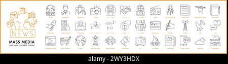 Icônes des médias de masse. Icônes de ligne sur les médias de masse. Jeu d'icônes de média de masse. Icônes journalisme. Illustration vectorielle. Contour modifiable. Illustration de Vecteur