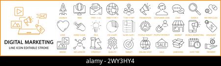 Icônes de marketing numérique. Jeu d'icônes de marketing numérique. Icônes de ligne liées au marketing numérique. Illustration vectorielle. Contour modifiable. Illustration de Vecteur