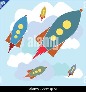 Jet de fusée de dessin animé coloré dans le ciel bleu Illustration de Vecteur