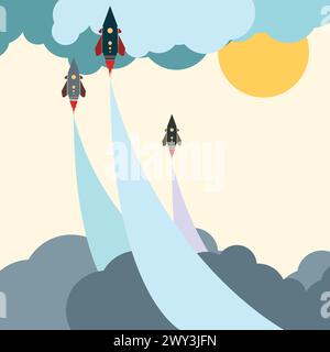 Jet de fusée de dessin animé coloré dans le ciel bleu Illustration de Vecteur