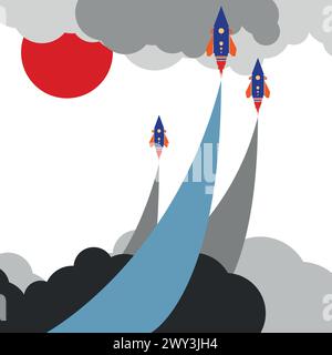 Jet de fusée de dessin animé coloré dans le ciel bleu Illustration de Vecteur