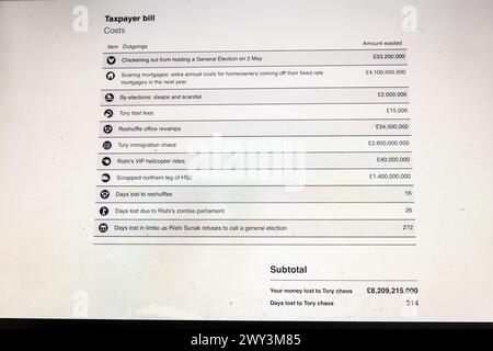 Londres, Royaume-Uni. 03rd Apr, 2024. Un écran d'ordinateur portable montre un site Web de campagne du Parti travailliste critiquant le montant des dépenses du gouvernement sous Rishi Sunak à Londres. Lancé un mois avant les élections municipales du 2 mai, ëCost de Chaosí a pour objectif de comptabiliser le coût des décisions prises par le premier ministre, y compris la suppression de la branche nord du projet ferroviaire HS2. Crédit : SOPA images Limited/Alamy Live News Banque D'Images