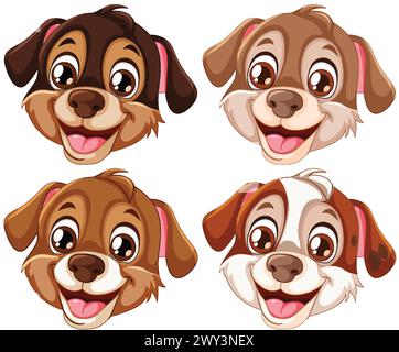 Quatre visages de chien de dessin animé heureux souriant. Illustration de Vecteur