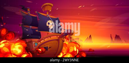 Bateau pirate pendant la bataille en mer ou en océan. Illustration vectorielle de dessin animé de paysage marin rouge avec des pousses de voilier de canon. Corsair attaque avec explosion et incendie. Galion combattant la guerre en mer. Illustration de Vecteur