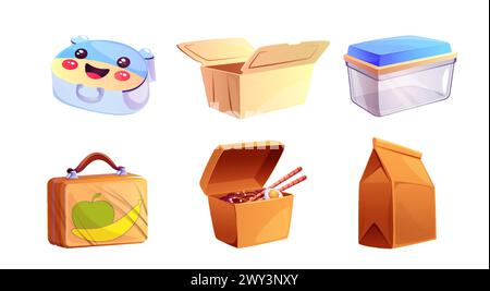 Ensemble de boîtes à lunch pour collations isolées sur fond blanc. Illustration vectorielle de dessin animé en plastique, récipients en verre pour le repas, nouilles asiatiques avec baguettes, sac en papier artisanal pour la nourriture de restaurant à emporter Illustration de Vecteur