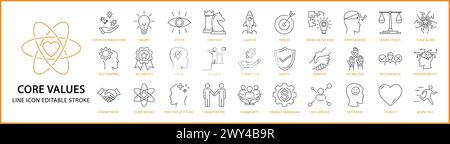Icônes des valeurs fondamentales. Jeu d'icônes de valeur fondamentale. Icônes de ligne de valeur de base. Vecor illusraion contour modifiable. Illustration de Vecteur
