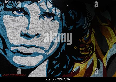 Lutsk, Ukraine - mars 2024 : art graffiti urbain dynamique représentant un célèbre musicien de rock Jim Morrison des portes sur un mur sombre texturé, exsudant Banque D'Images