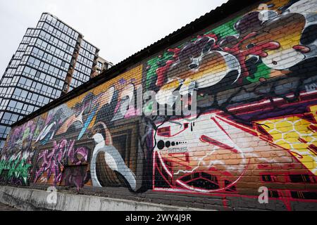 Lutsk, Ukraine - mars 2024 : graffitis vibrants recouvrant le mur d'un bâtiment urbain. L'œuvre ajoute une ambiance moderne et avant-gardiste au paysage de la ville. Banque D'Images