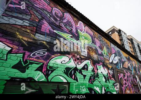 Lutsk, Ukraine - mars 2024 : graffitis vibrants recouvrant le mur d'un bâtiment urbain. L'œuvre ajoute une ambiance moderne et avant-gardiste au paysage de la ville. Banque D'Images