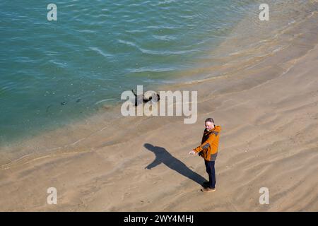 Un promeneur de chien et son chien de compagnie sur Towan Beach à Newquay en Cornouailles au Royaume-Uni. Banque D'Images