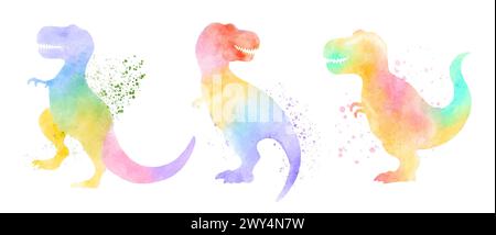 Dinosaures Tyrannosaurus rex. Style coloré de peinture d'aquarelle de silhouette. Jeu 2 de 5 . Illustration . Illustration de Vecteur