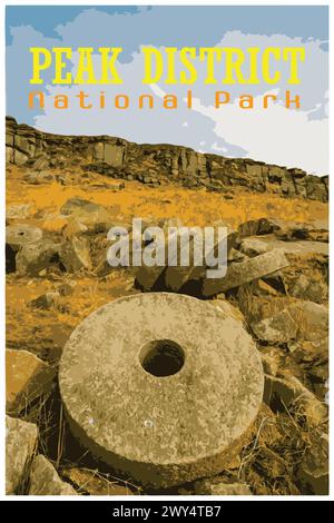 Stanage Edge Millstones, Derbyshire nostalgique rétro concept d'affiche de voyage du parc national de Peak District, Angleterre, Royaume-Uni dans le style du projet de travail Illustration de Vecteur