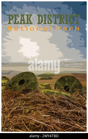 Stanage Edge Millstones, Derbyshire nostalgique rétro concept d'affiche de voyage du parc national de Peak District, Angleterre, Royaume-Uni dans le style du projet de travail Illustration de Vecteur