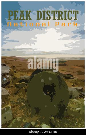 Stanage Edge Millstones, Derbyshire nostalgique rétro concept d'affiche de voyage du parc national de Peak District, Angleterre, Royaume-Uni dans le style du projet de travail Illustration de Vecteur