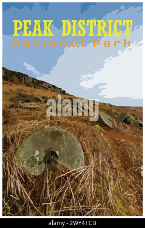 Stanage Edge Millstones, Derbyshire nostalgique rétro concept d'affiche de voyage du parc national de Peak District, Angleterre, Royaume-Uni dans le style du projet de travail Illustration de Vecteur