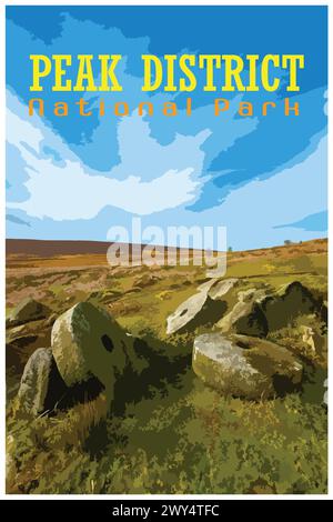 Stanage Edge Millstones, Derbyshire nostalgique rétro concept d'affiche de voyage du parc national de Peak District, Angleterre, Royaume-Uni dans le style du projet de travail Illustration de Vecteur