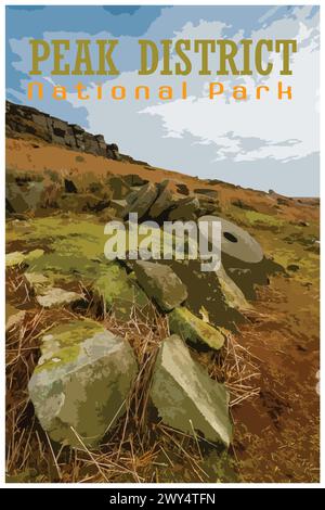 Stanage Edge Millstones, Derbyshire nostalgique rétro concept d'affiche de voyage du parc national de Peak District, Angleterre, Royaume-Uni dans le style du projet de travail Illustration de Vecteur