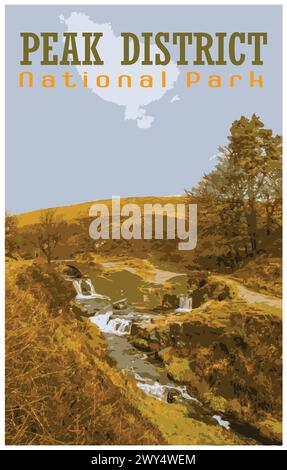 Trois têtes de Shire Nostalgic rétro concept d'affiche de voyage du Peak District National Park, Angleterre, Royaume-Uni dans le style de travail projets Administration. Illustration de Vecteur