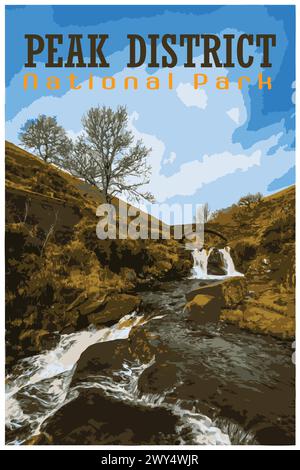 Trois têtes de Shire Nostalgic rétro concept d'affiche de voyage du Peak District National Park, Angleterre, Royaume-Uni dans le style de travail projets Administration. Illustration de Vecteur