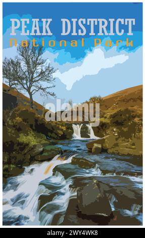 Trois têtes de Shire Nostalgic rétro concept d'affiche de voyage du Peak District National Park, Angleterre, Royaume-Uni dans le style de travail projets Administration. Illustration de Vecteur