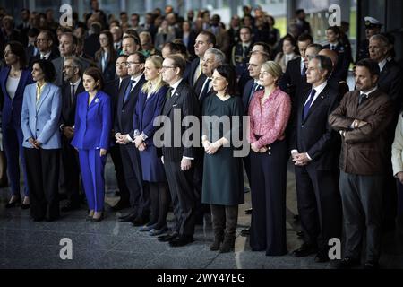 Zeremonie anlaesslich des 75. Jahrestages der Unterzeichnung der Gruendungsurkunde des Nordatlantik-Vertrags. Bruessel, 04.04.2024. Fotografiert im Auftrag des Auswaertigen AMTES. Bruessel Berlgien *** cérémonie à l'occasion du 75e anniversaire de la signature du document fondateur du Traité de l'Atlantique Nord Bruxelles, 04 04 2024 photographie au nom du Ministère des Affaires étrangères Bruxelles Belgique Copyright : xJaninexSchmitzxAAxphotothek.dex Banque D'Images