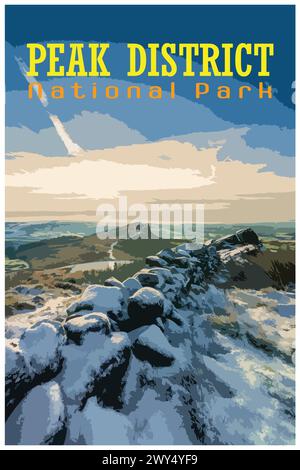 Les Roaches, Staffordshire nostalgique rétro voyage d'hiver concept d'affiche du Peak District National Park, Angleterre, Royaume-Uni dans le style des projets de travail Illustration de Vecteur