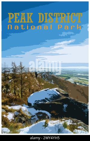 Les Roaches, Staffordshire nostalgique rétro voyage d'hiver concept d'affiche du Peak District National Park, Angleterre, Royaume-Uni dans le style des projets de travail Illustration de Vecteur