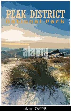 Les Roaches, Staffordshire nostalgique rétro voyage d'hiver concept d'affiche du Peak District National Park, Angleterre, Royaume-Uni dans le style des projets de travail Illustration de Vecteur