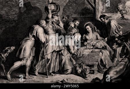 L'Adoration des bergers 1629 Lucas Vorsterman (1595-1675) est un graveur baroque. Il a travaillé avec les artistes Peter Paul Rubens et Anthony van Dyck Musée Royal des Beaux-Arts, Anvers, Belgique, Belgique. Banque D'Images