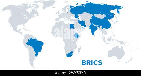 BRICS, avec de nouveaux états membres à partir de 2024, carte politique. BRICS pour le Brésil, la Russie, l'Inde, la Chine et l'Afrique du Sud. Plus l'Égypte, l'Éthiopie, l'Iran et les Émirats arabes Unis. Banque D'Images