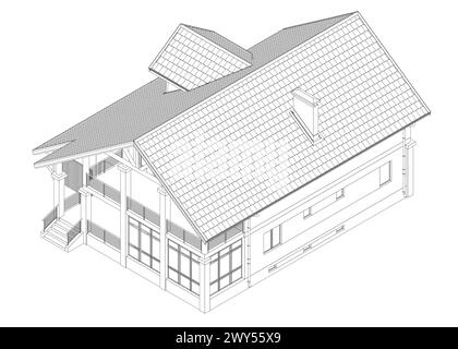 Esquissez le modèle de maison de banlieue. Dessin du bâtiment moderne. Projet de chalet sur fond blanc. Calque vectoriel. 3D.. Vue isométrique. Illustration de Vecteur