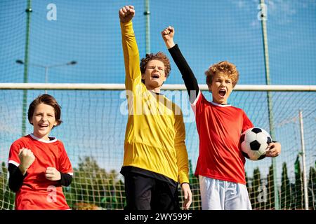 Un groupe de jeunes garçons énergiques se tient triomphalement au sommet du terrain de football, célébrant leur victoire. L'herbe verte et les lignes blanches du champ Banque D'Images