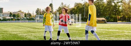 Un groupe de jeunes hommes se tiennent exubéramment au sommet d'un terrain de football, célébrant leur victoire. L'herbe sous leurs pieds, la lumière du soleil coulant allongé Banque D'Images