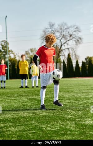 Un groupe dynamique de jeunes hommes en vêtements de sport debout triomphalement sur un terrain de football bien entretenu, célébrant un match victorieux sous la OR Banque D'Images