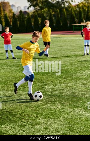 Un groupe de jeunes garçons engagés énergiquement dans une partie de football, courant sur un terrain en herbe, donnant des coups de pied dans le ballon, passant et se encourageant mutuellement. Banque D'Images