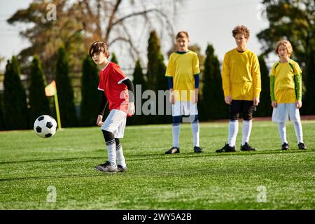 Un groupe de jeunes garçons énergiques se tient joyeusement au sommet d'un terrain de football, dégageant un sentiment de triomphe et de camaraderie alors qu'ils célèbrent une victoire ou une vitrine Banque D'Images