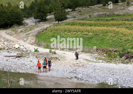 21 septembre 2023 - Valbona en Albanie : un homme avec deux ânes roule dans les Alpes albanaises Banque D'Images