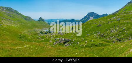 Sommets du parc national de Durmitor vus derrière une prairie, Monténégro Banque D'Images