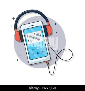 Illustration vectorielle du smartphone avec casque. Écoute de Audiobook ou Podcast concept Design Illustration de Vecteur